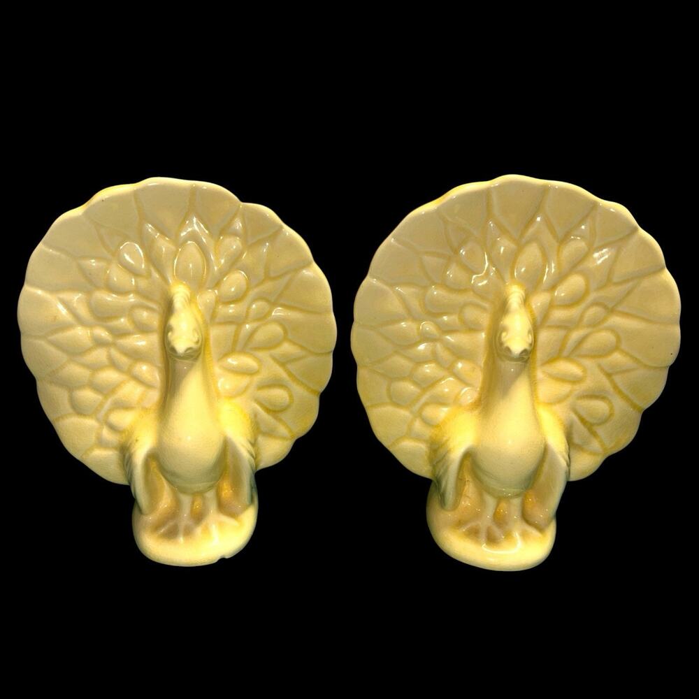 Lot of 2 Vintage Yellow Pottery Wall Pocket Vase USA McCoy Peacock Planter